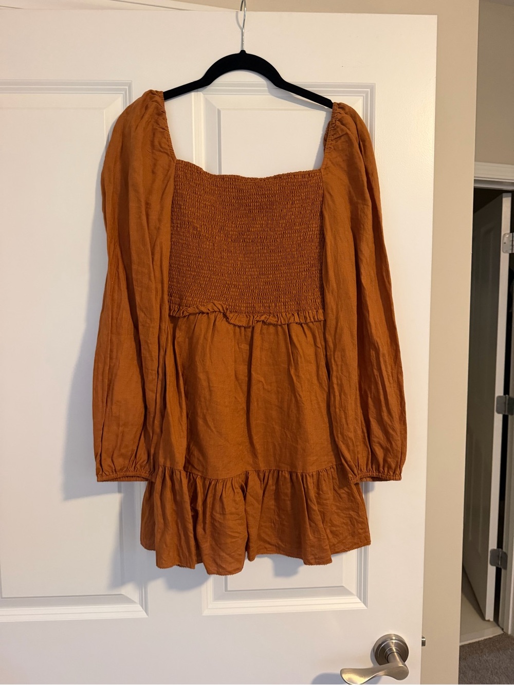 Quince Rust Square-Neck Smocked Tunic Dress